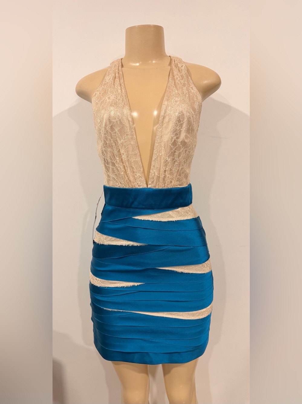 bebe Halter Lace Plunge Mini Dress in Beige and Teal